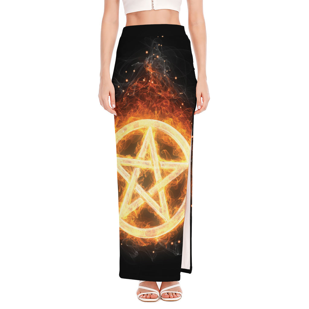 Flame Pentagram Print High Slit Maxi Skirt