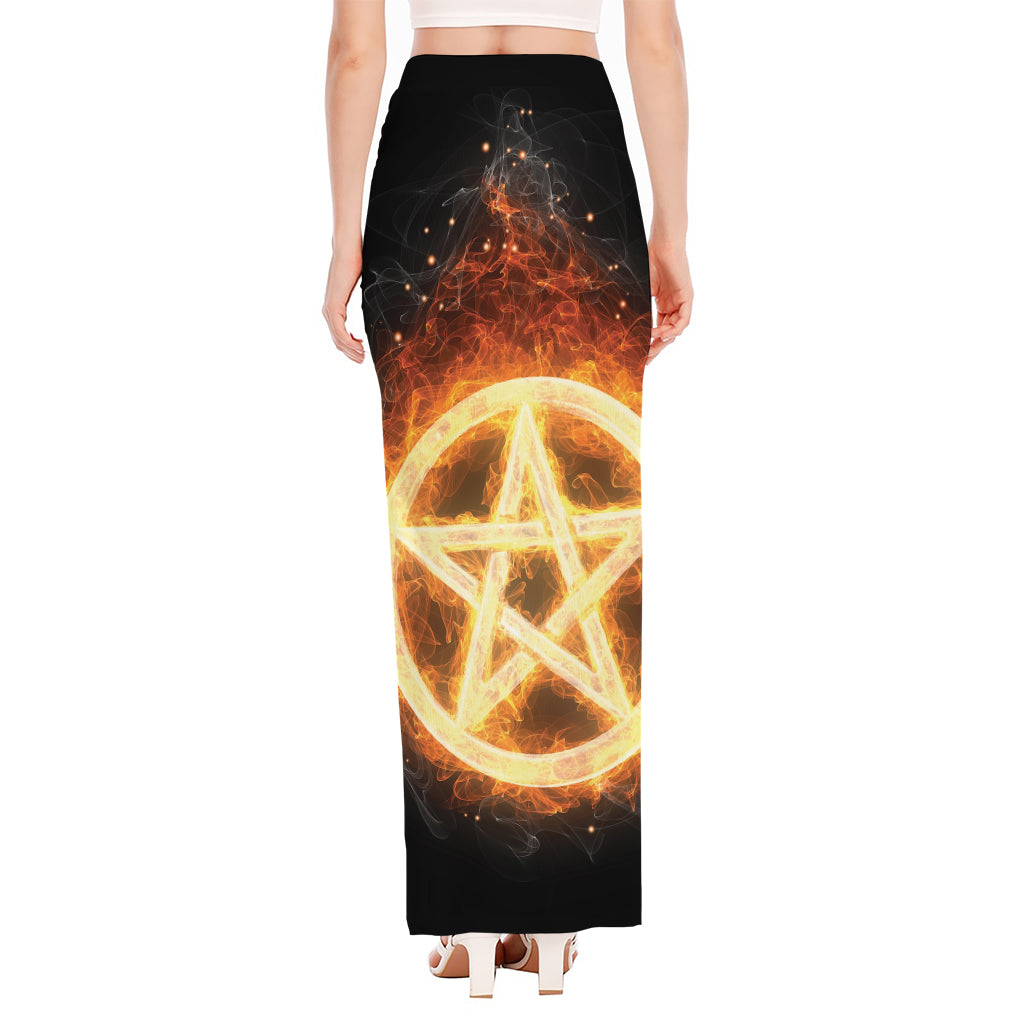 Flame Pentagram Print High Slit Maxi Skirt