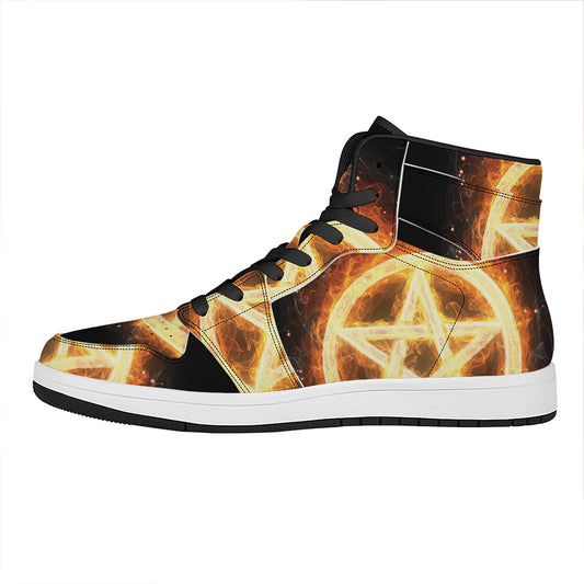 Flame Pentagram Print High Top Leather Sneakers