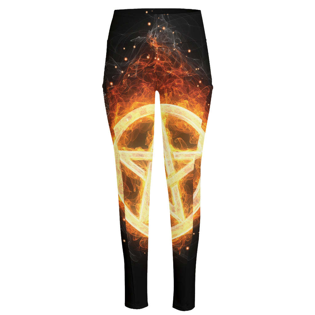 Flame Pentagram Print High-Waisted Pocket Leggings