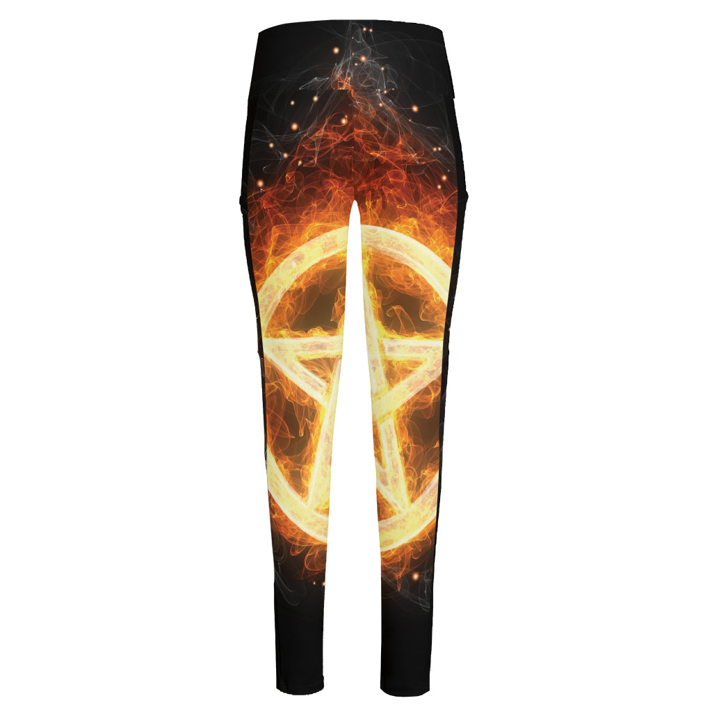 Flame Pentagram Print High-Waisted Pocket Leggings