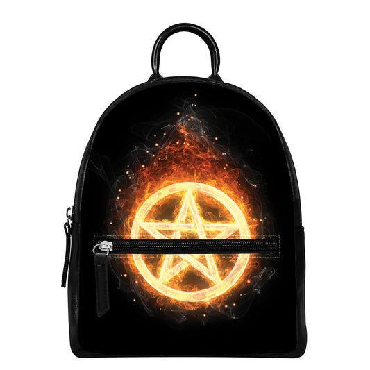 Flame Pentagram Print Leather Backpack