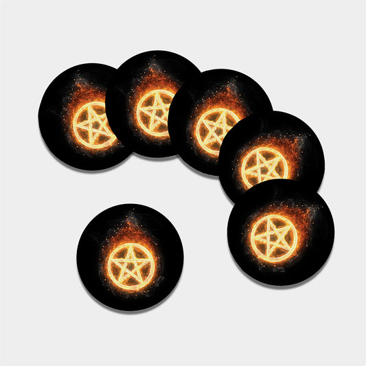 Flame Pentagram Print Leather Coaster Set
