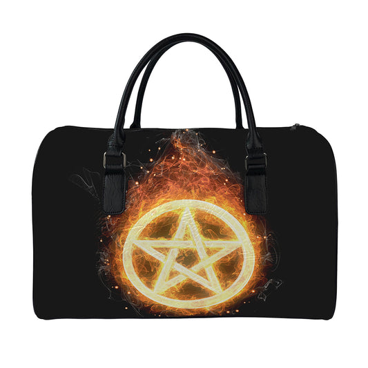 Flame Pentagram Print Leather Duffle Bag