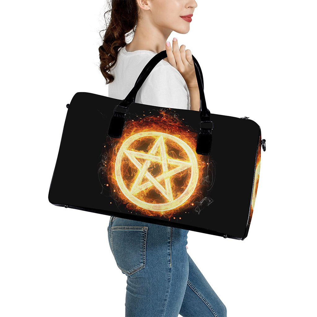 Flame Pentagram Print Leather Duffle Bag
