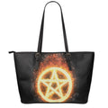 Flame Pentagram Print Leather Tote Bag With Zipper