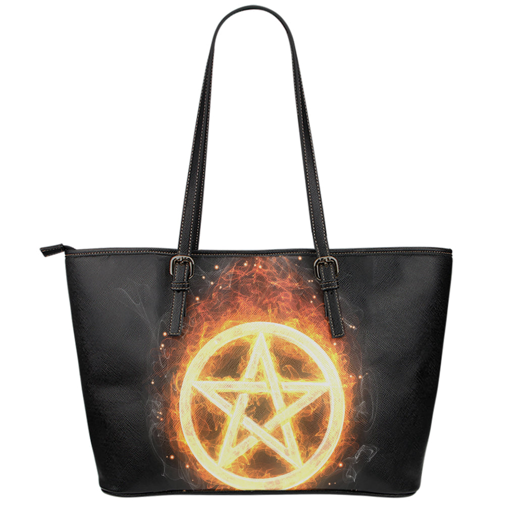 Flame Pentagram Print Leather Tote Bag