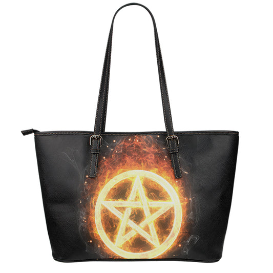 Flame Pentagram Print Leather Tote Bag