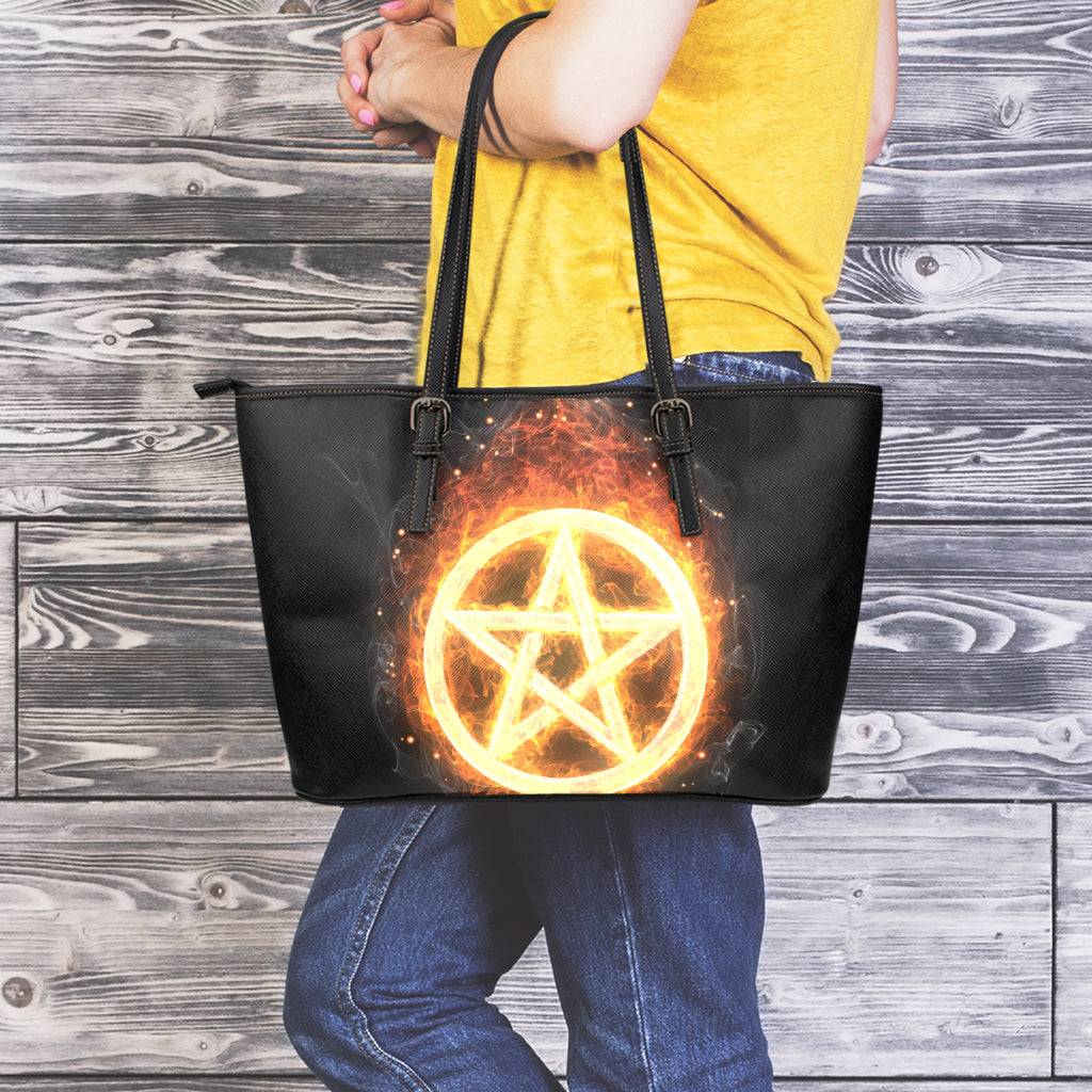Flame Pentagram Print Leather Tote Bag