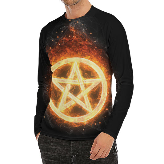 Flame Pentagram Print Men's Long Sleeve Rash Guard