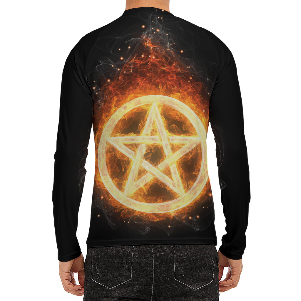 Flame Pentagram Print Men's Long Sleeve Rash Guard