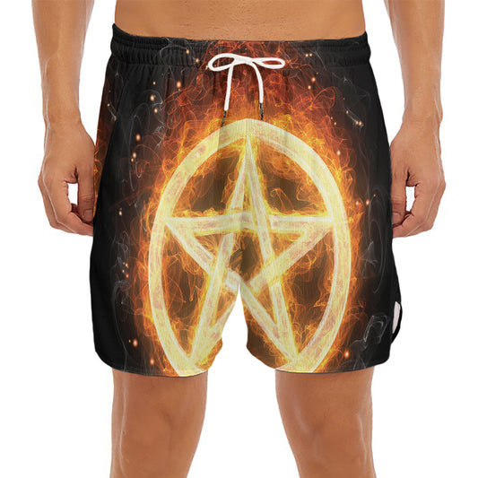 Flame Pentagram Print Men's Split Running Shorts