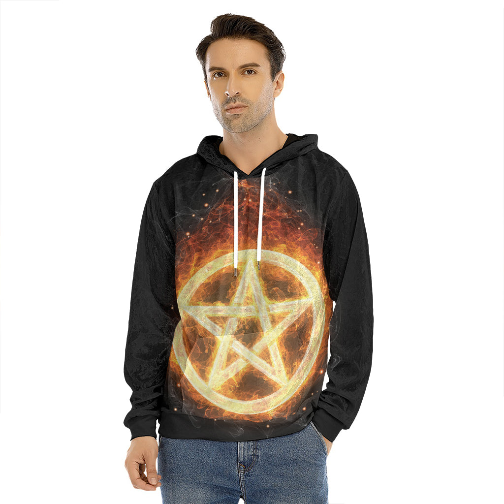 Flame Pentagram Print Men's Velvet Pullover Hoodie