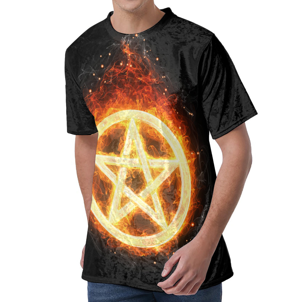 Flame Pentagram Print Men's Velvet T-Shirt