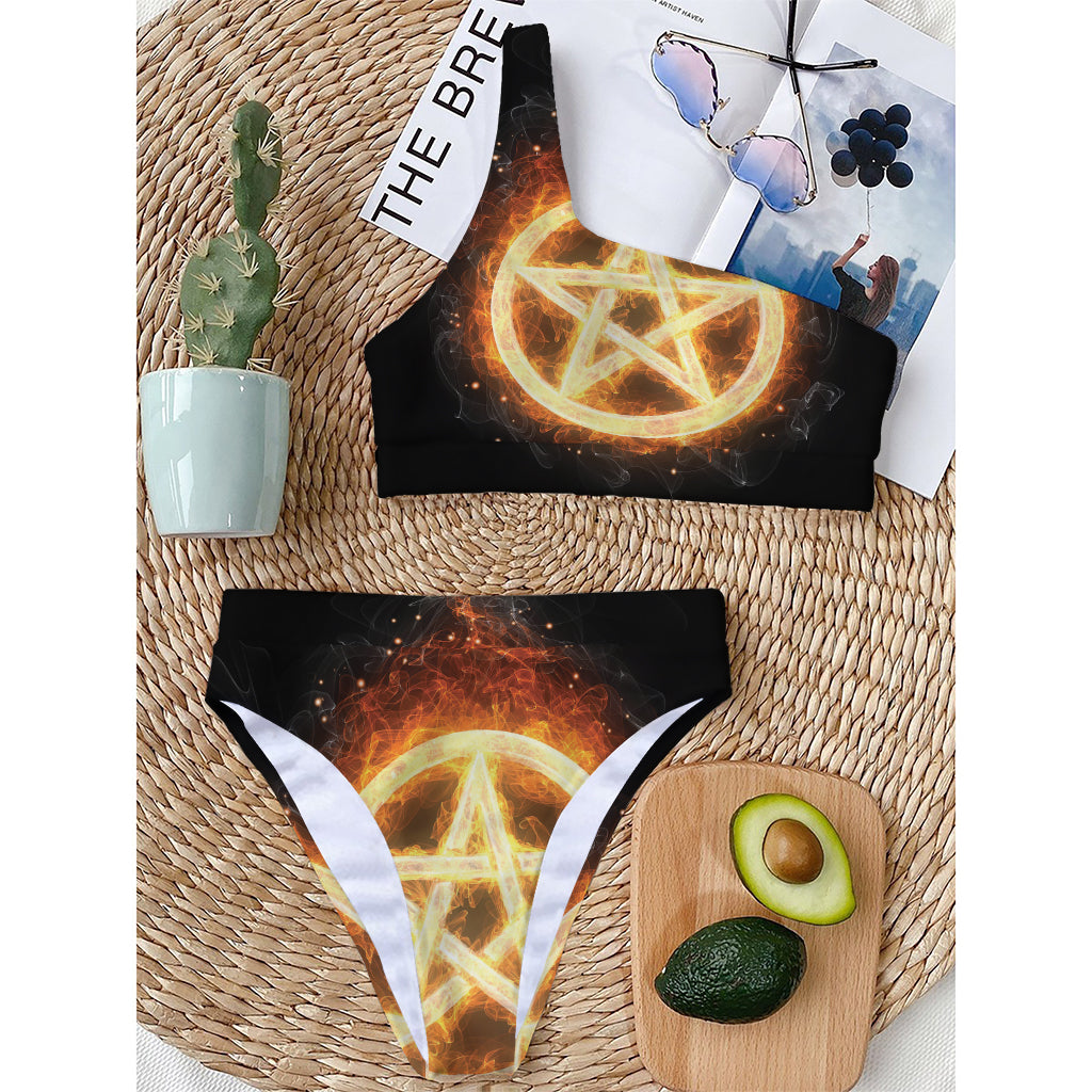 Flame Pentagram Print One Shoulder Bikini Top