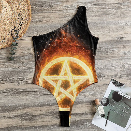 Flame Pentagram Print One Shoulder Bodysuit