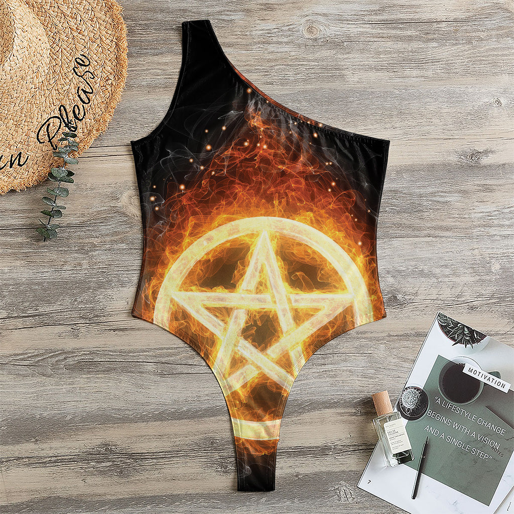 Flame Pentagram Print One Shoulder Bodysuit