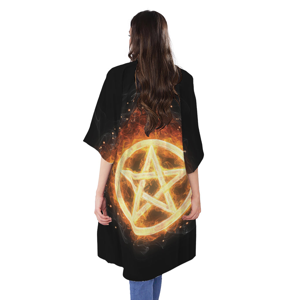 Flame Pentagram Print Open Front Beach Cover Up