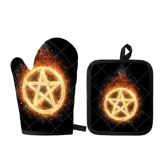 Flame Pentagram Print Oven Mitt And Pot Holder Set