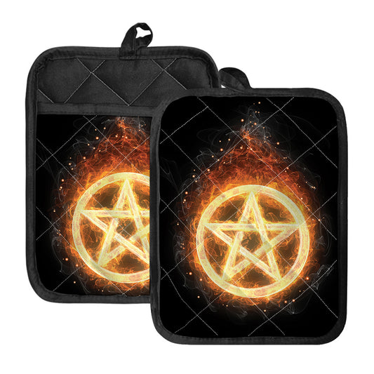 Flame Pentagram Print Pot Holders With Pocket