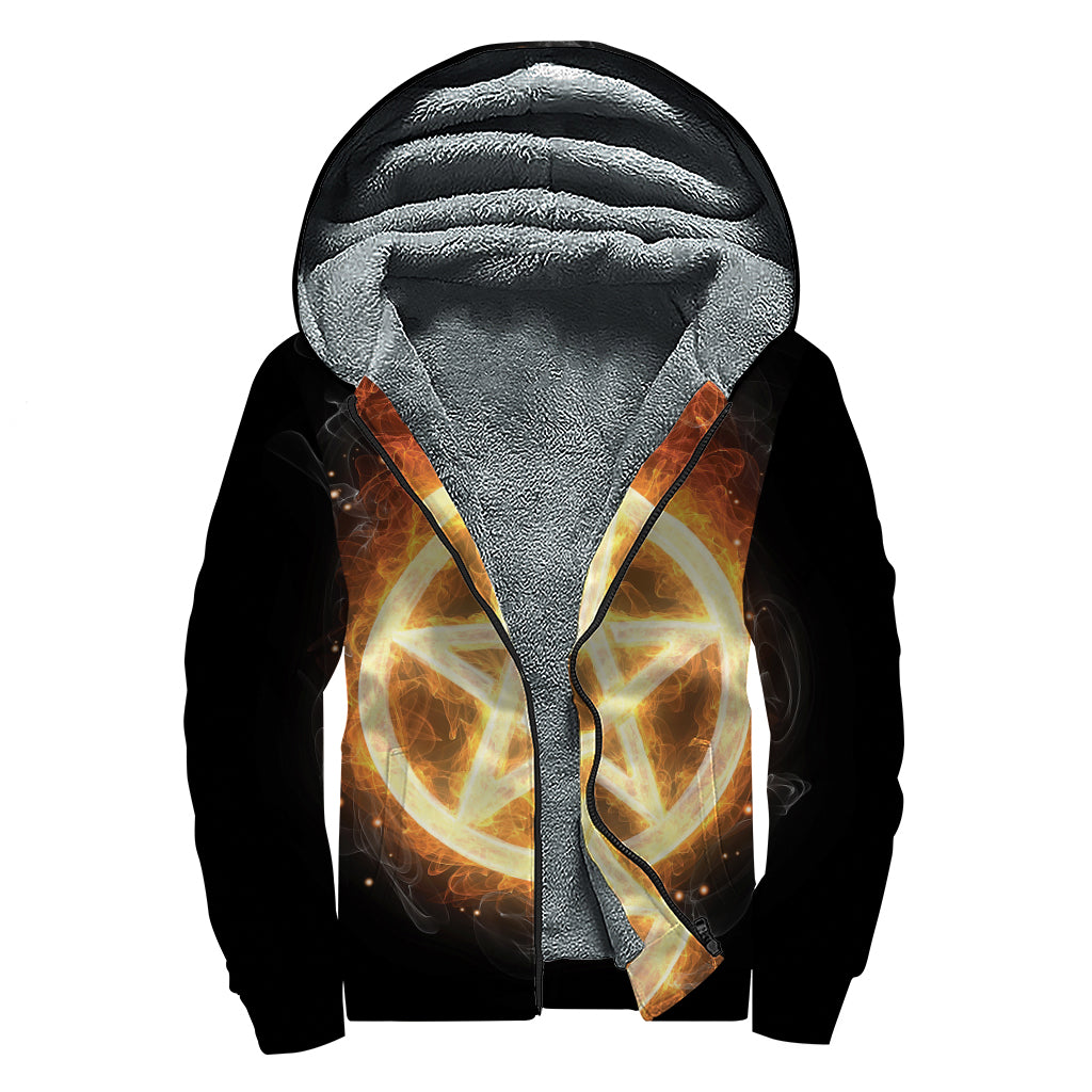 Flame Pentagram Print Sherpa Lined Zip Up Hoodie