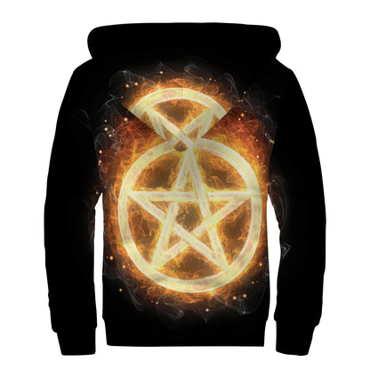 Flame Pentagram Print Sherpa Lined Zip Up Hoodie