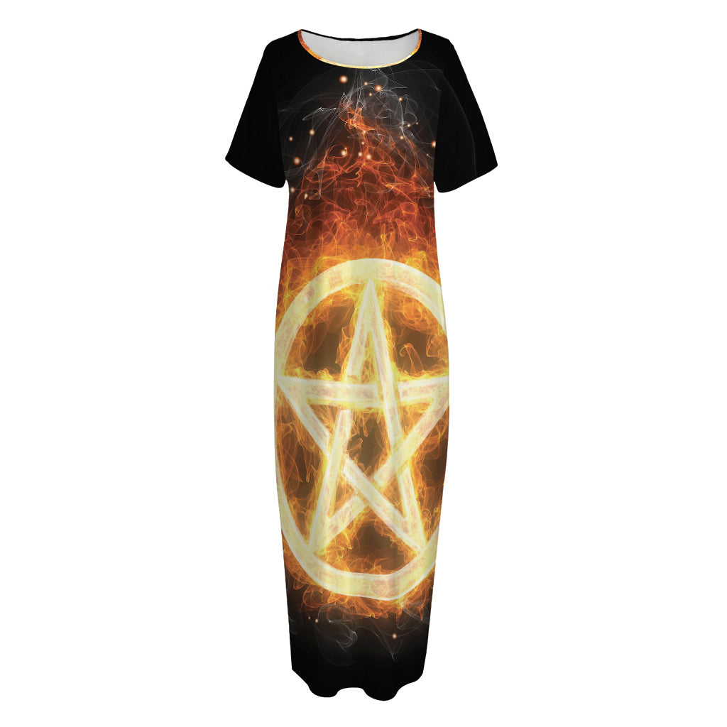 Flame Pentagram Print Short Sleeve Long Nightdress