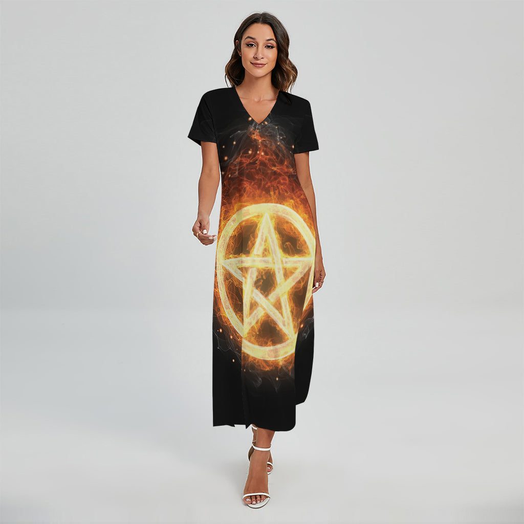Flame Pentagram Print Short Sleeve Maxi Dress