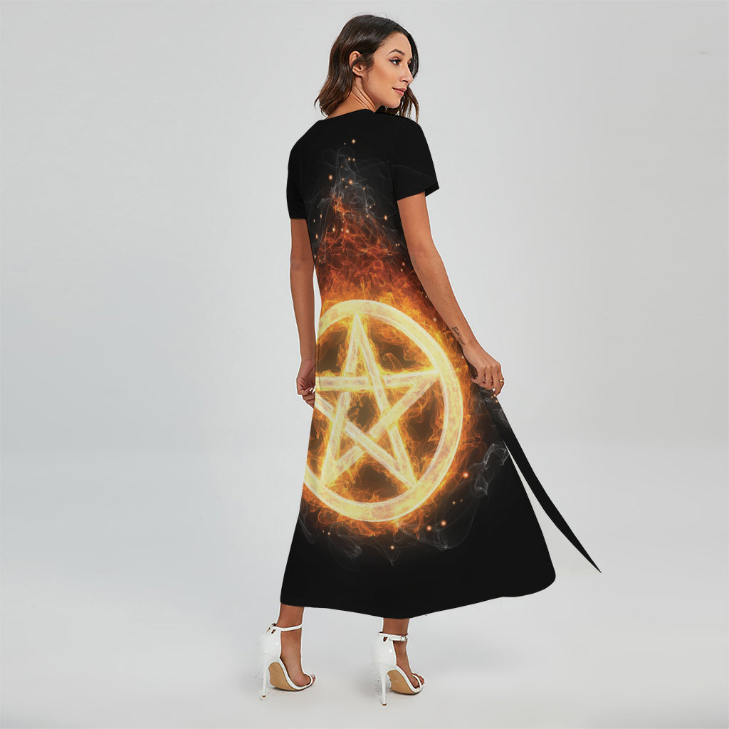 Flame Pentagram Print Short Sleeve Maxi Dress