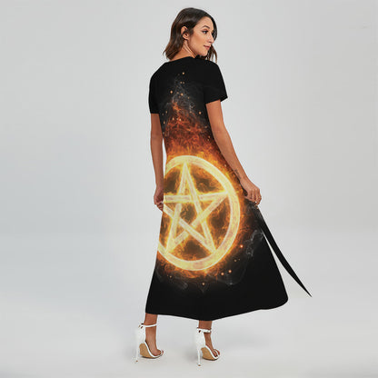 Flame Pentagram Print Short Sleeve Maxi Dress