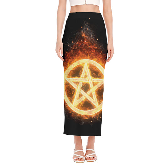 Flame Pentagram Print Side Slit Maxi Skirt
