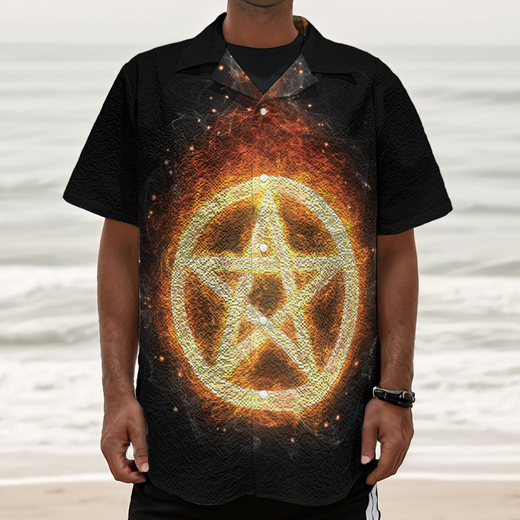 Flame Pentagram Print Textured Short Sleeve Shirt