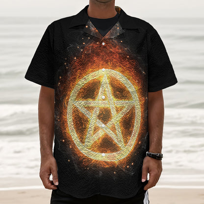 Flame Pentagram Print Textured Short Sleeve Shirt