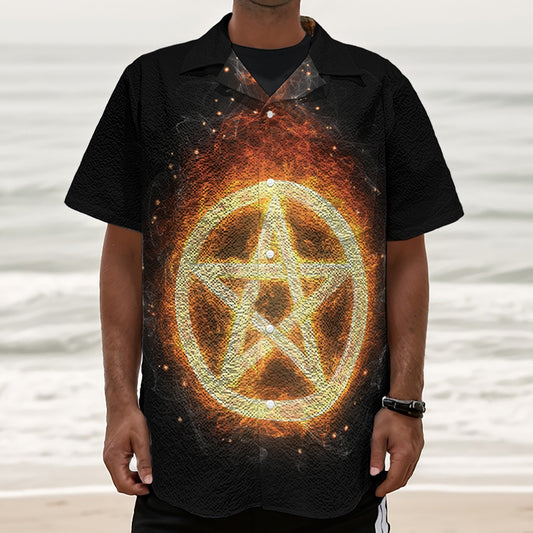 Flame Pentagram Print Textured Short Sleeve Shirt