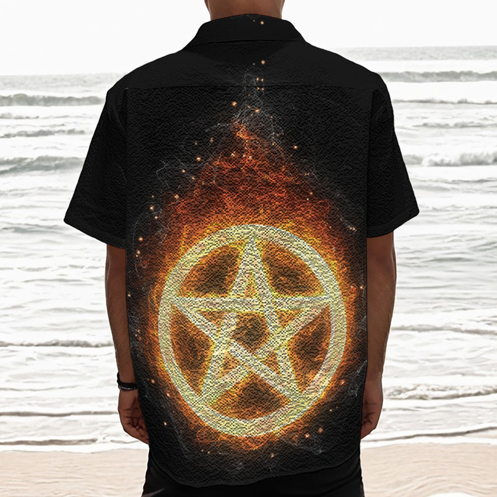 Flame Pentagram Print Textured Short Sleeve Shirt