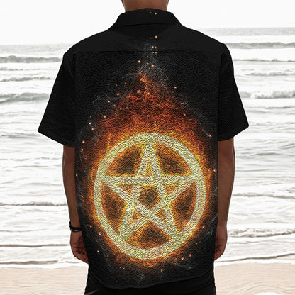 Flame Pentagram Print Textured Short Sleeve Shirt