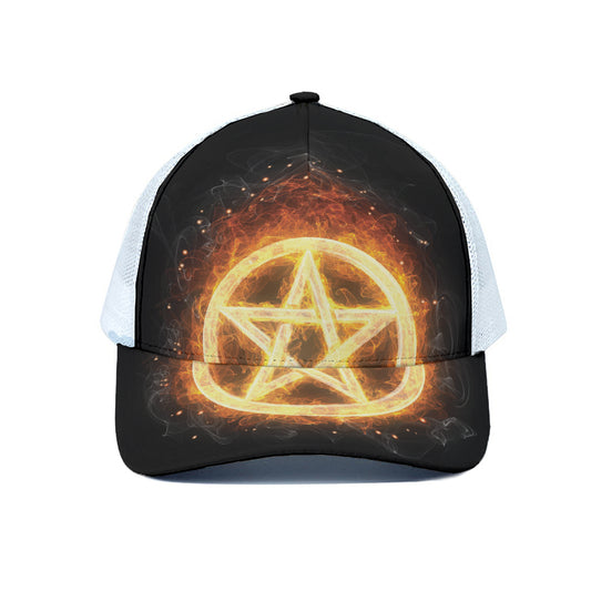 Flame Pentagram Print White Mesh Trucker Cap