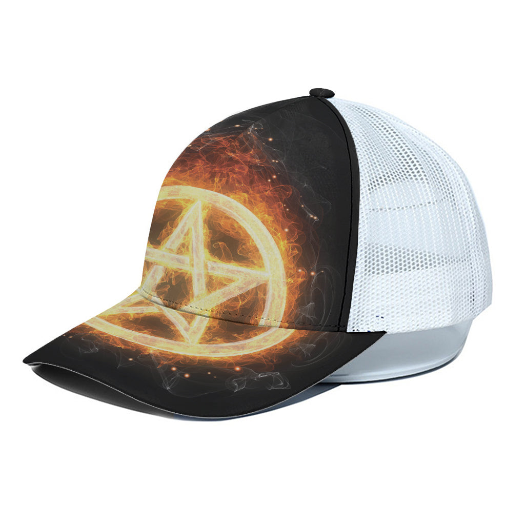 Flame Pentagram Print White Mesh Trucker Cap