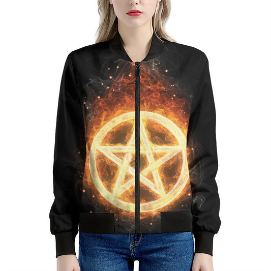 Flame Pentagram Print Women's Bomber Jacket