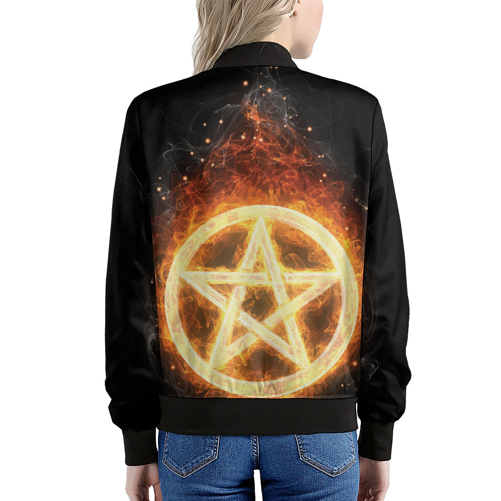 Flame Pentagram Print Women's Bomber Jacket