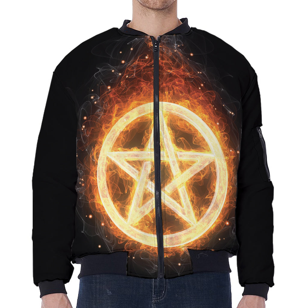 Flame Pentagram Print Zip Sleeve Bomber Jacket