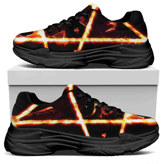Flame Satanic Pentagram Print Black Chunky Shoes