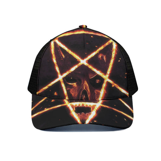 Flame Satanic Pentagram Print Black Mesh Trucker Cap