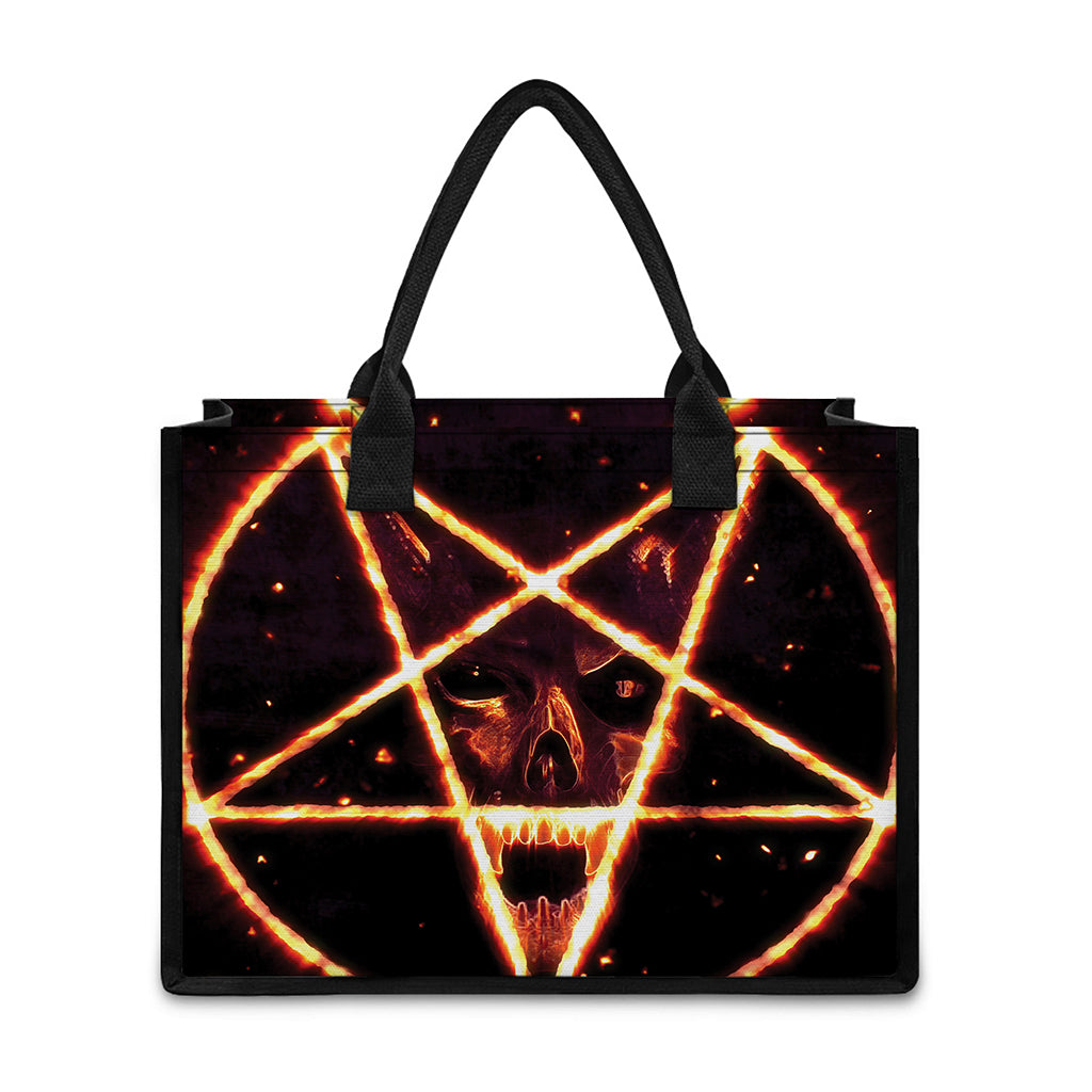 Flame Satanic Pentagram Print Canvas Tote Bag