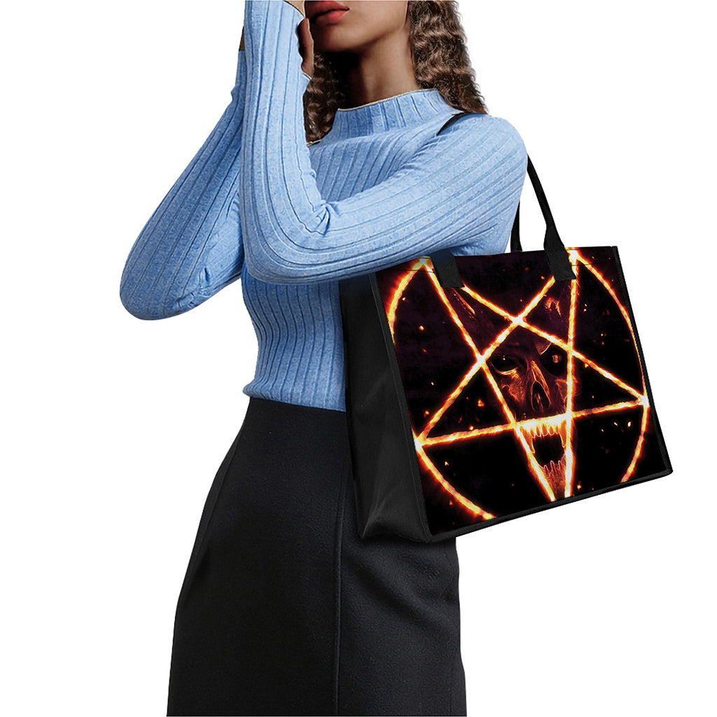 Flame Satanic Pentagram Print Canvas Tote Bag