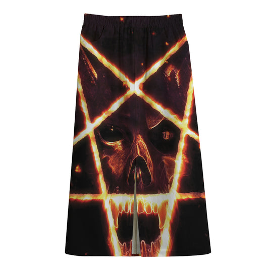 Flame Satanic Pentagram Print Cotton Front Slit Maxi Skirt