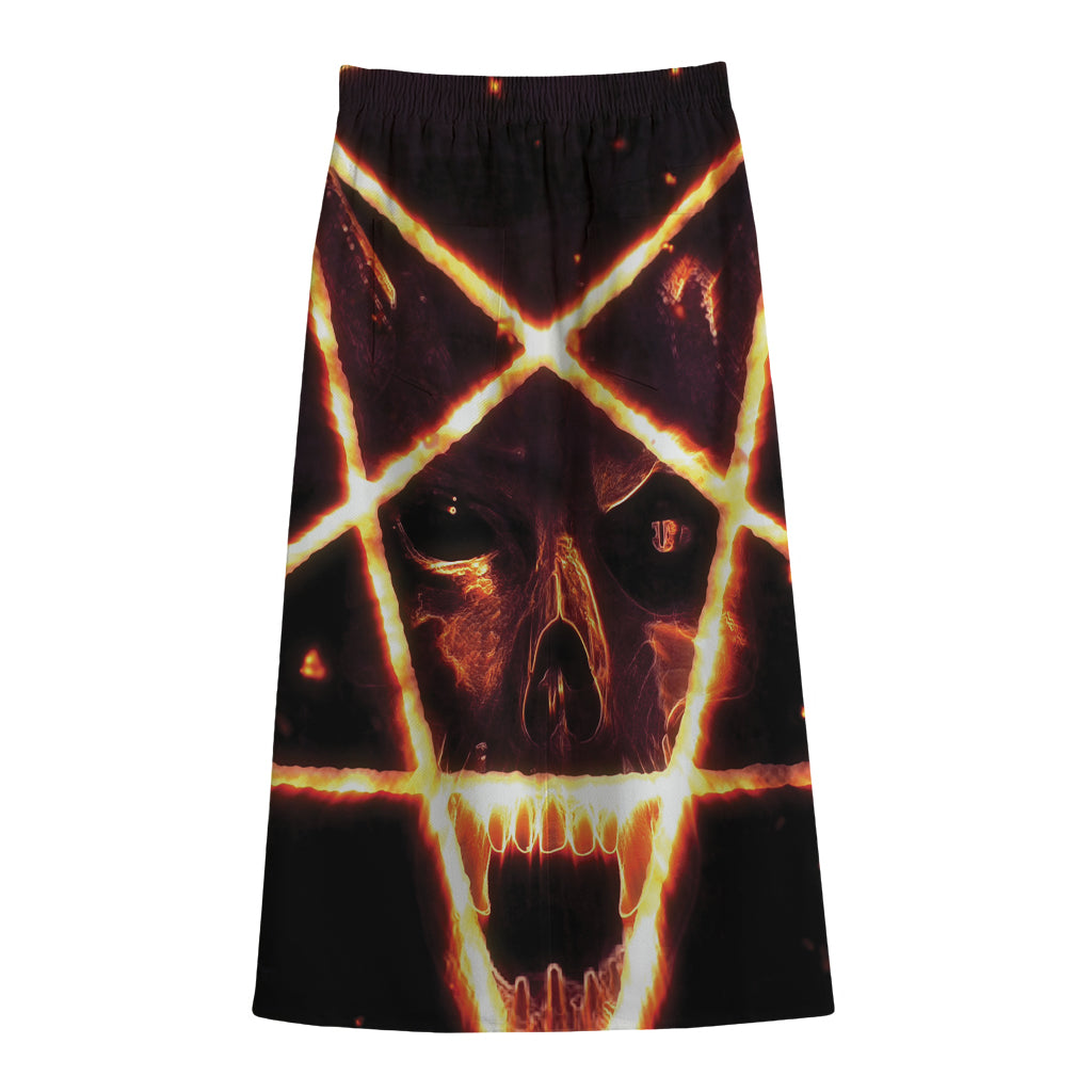 Flame Satanic Pentagram Print Cotton Front Slit Maxi Skirt