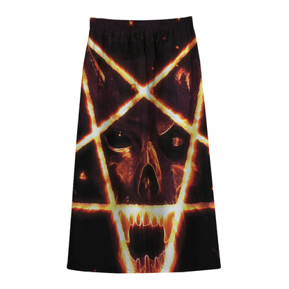 Flame Satanic Pentagram Print Cotton Front Slit Maxi Skirt