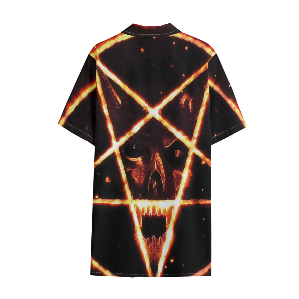 Flame Satanic Pentagram Print Cotton Hawaiian Shirt