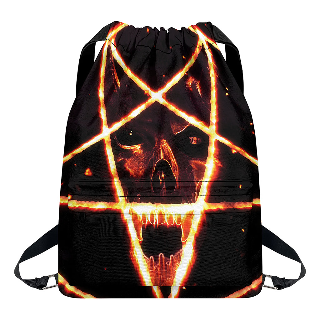 Flame Satanic Pentagram Print Drawstring Backpack
